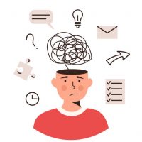 Human head with many thoughts, task and ideas. Child or adult with ADHD syndrome. Attention deficit hyperactivity disorder. Mental health, psychology concept. Vector flat style illustration